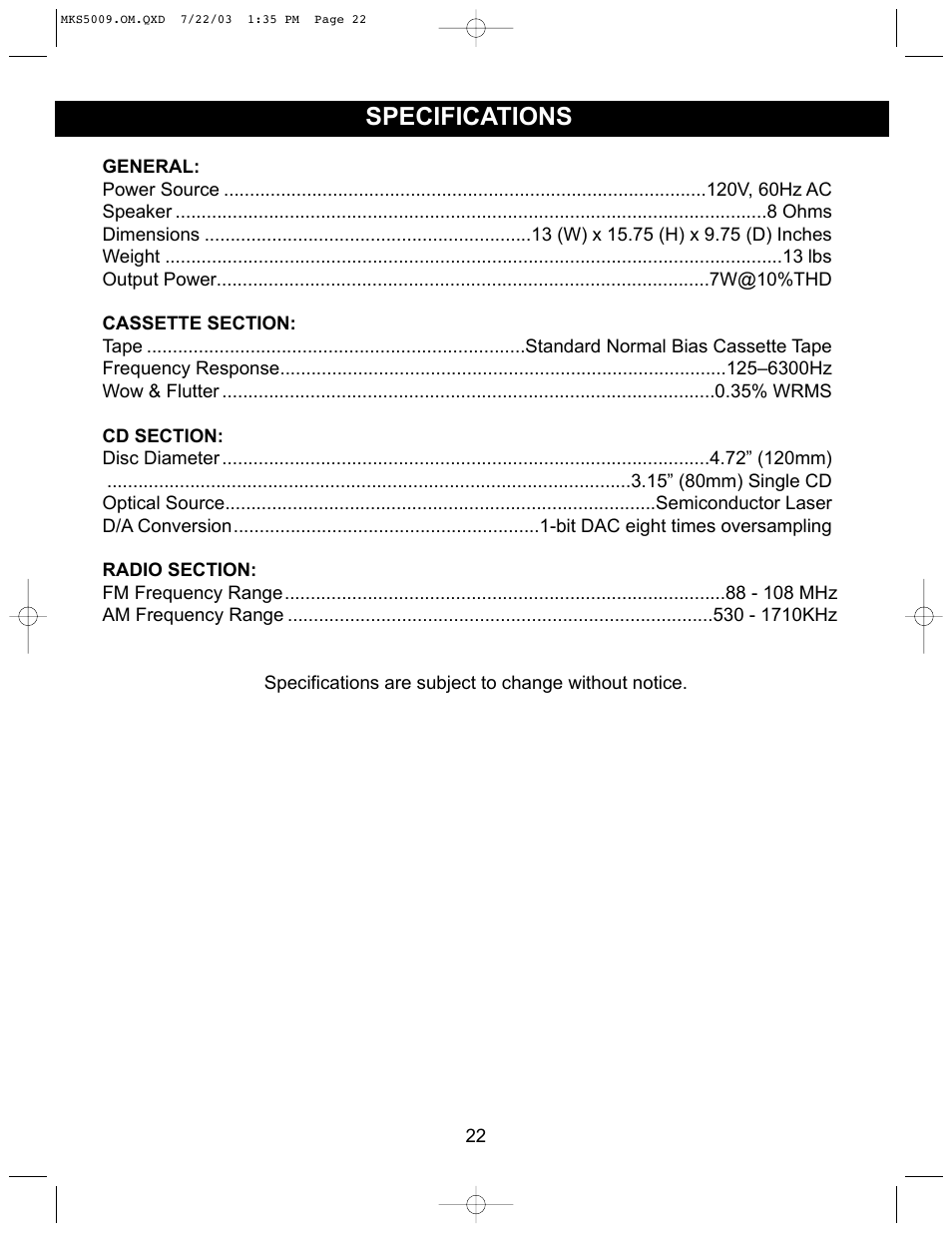 Specifications | Memorex MB2186A User Manual | Page 23 / 24