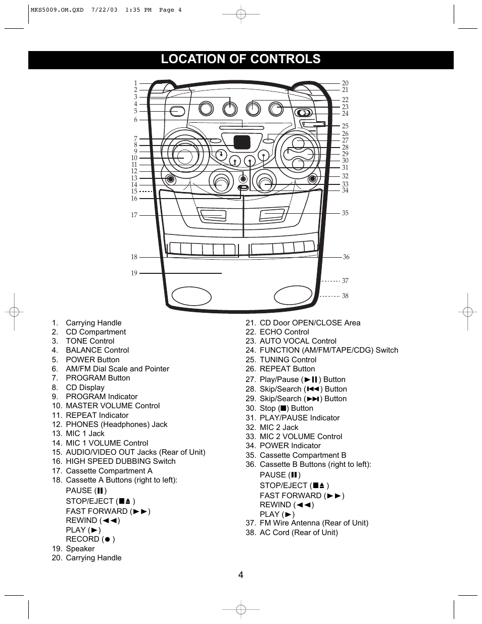 Location of controls | Memorex MB2186A User Manual | Page 5 / 24