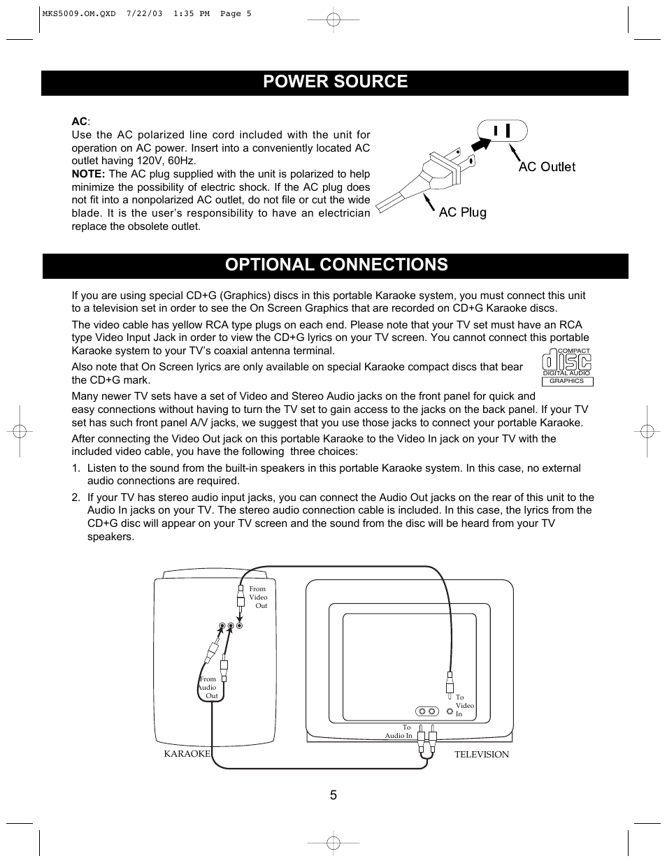 Power source optional connections, Ac plug ac outlet | Memorex MB2186A User Manual | Page 6 / 24