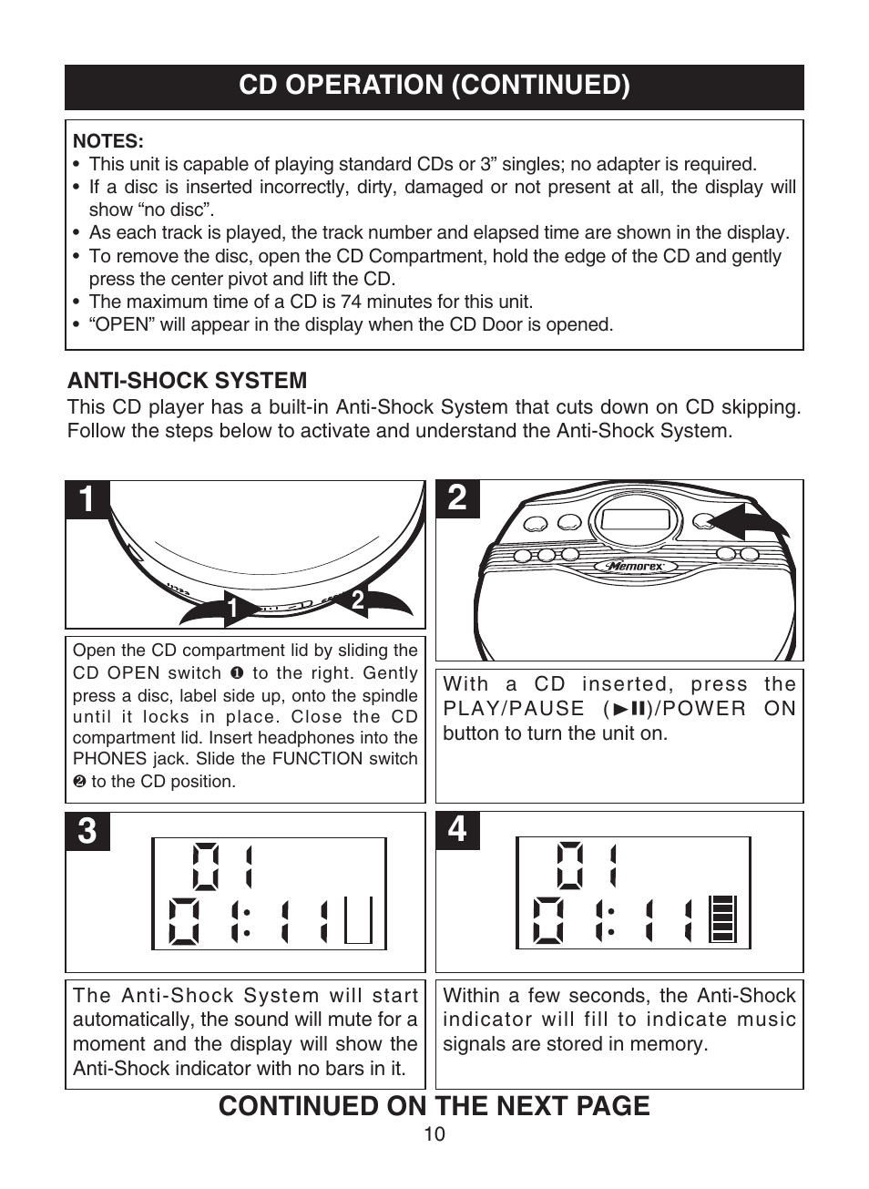 Cd operation (continued), Continued on the next page | Memorex MD6882 User Manual | Page 11 / 19