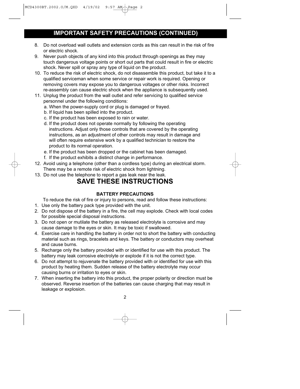 Save these instructions, Important safety precautions (continued) | Memorex MCD4300BT User Manual | Page 3 / 37