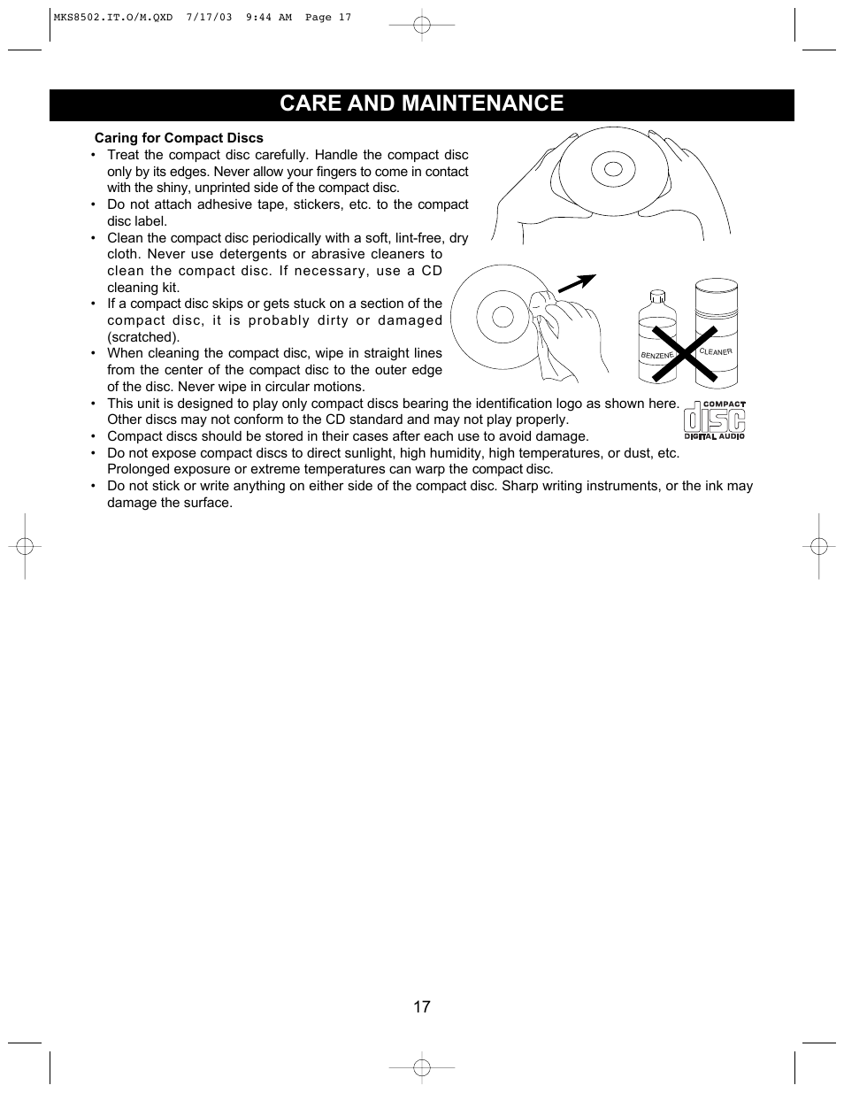 Care and maintenance | Memorex MKS8502 User Manual | Page 18 / 21