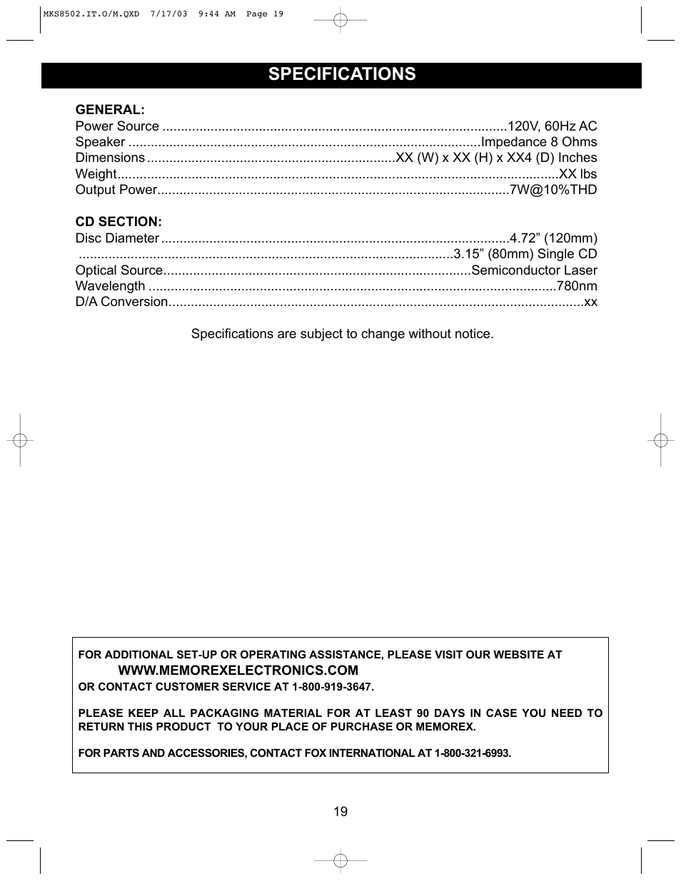 Specifications | Memorex MKS8502 User Manual | Page 20 / 21