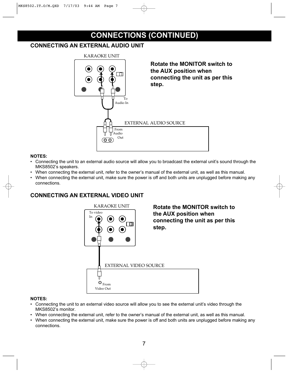 Connections (continued), Connecting an external audio unit, Connecting an external video unit | Memorex MKS8502 User Manual | Page 8 / 21