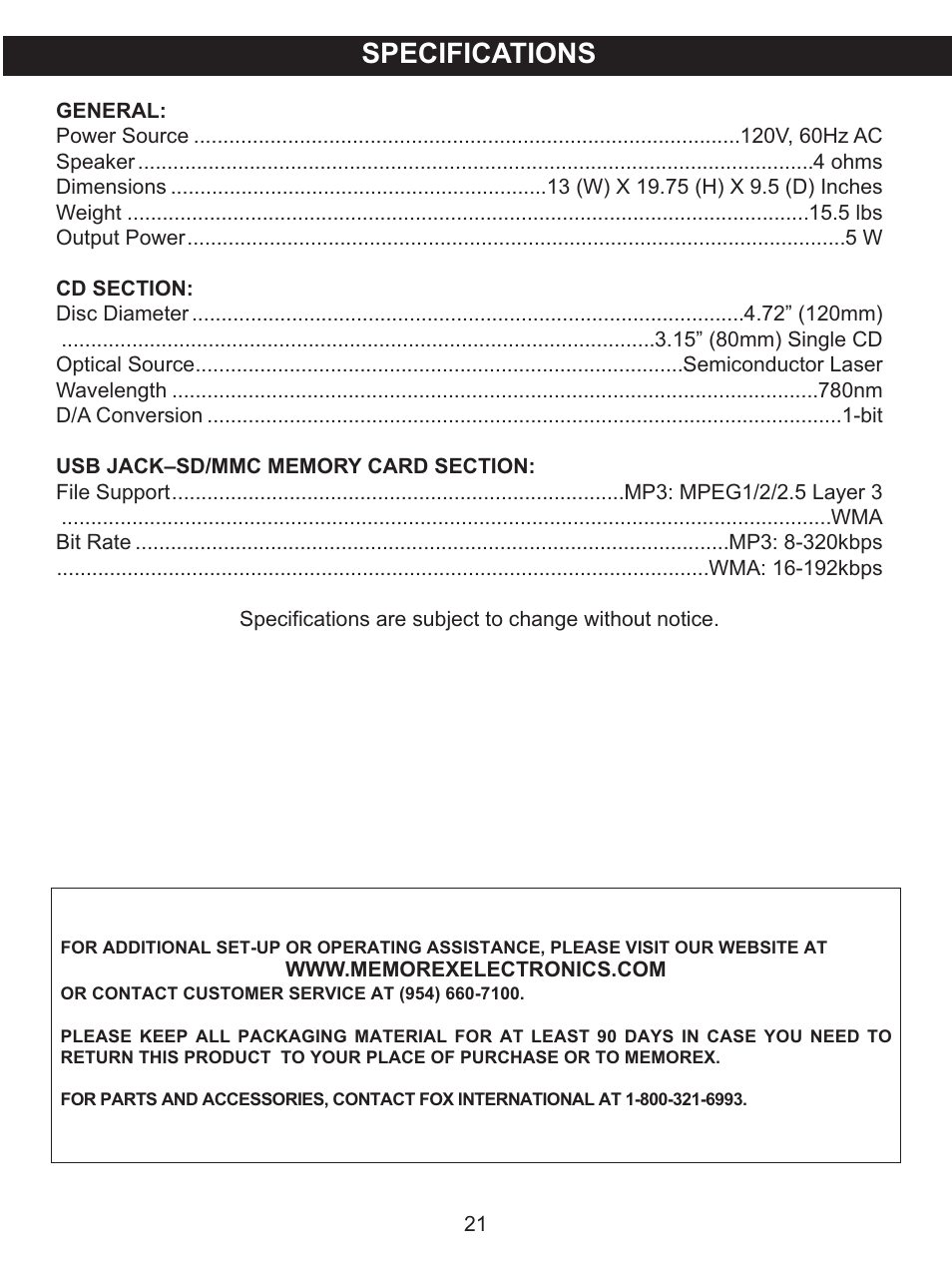 Specifications | Memorex MKS8591 User Manual | Page 22 / 23