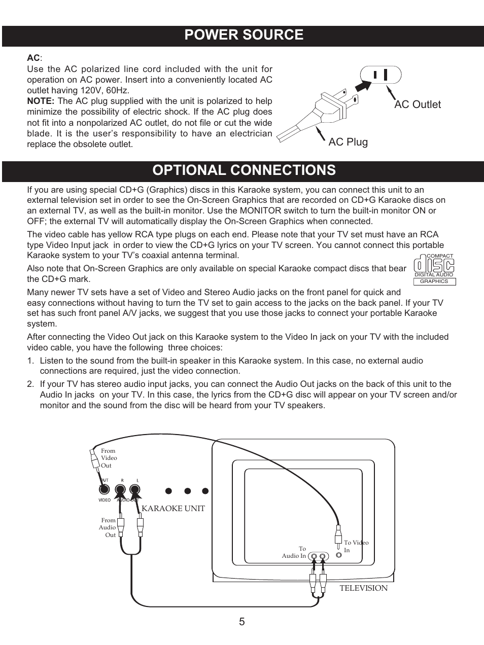 Power source optional connections, Ac plug ac outlet | Memorex MKS8591 User Manual | Page 6 / 23