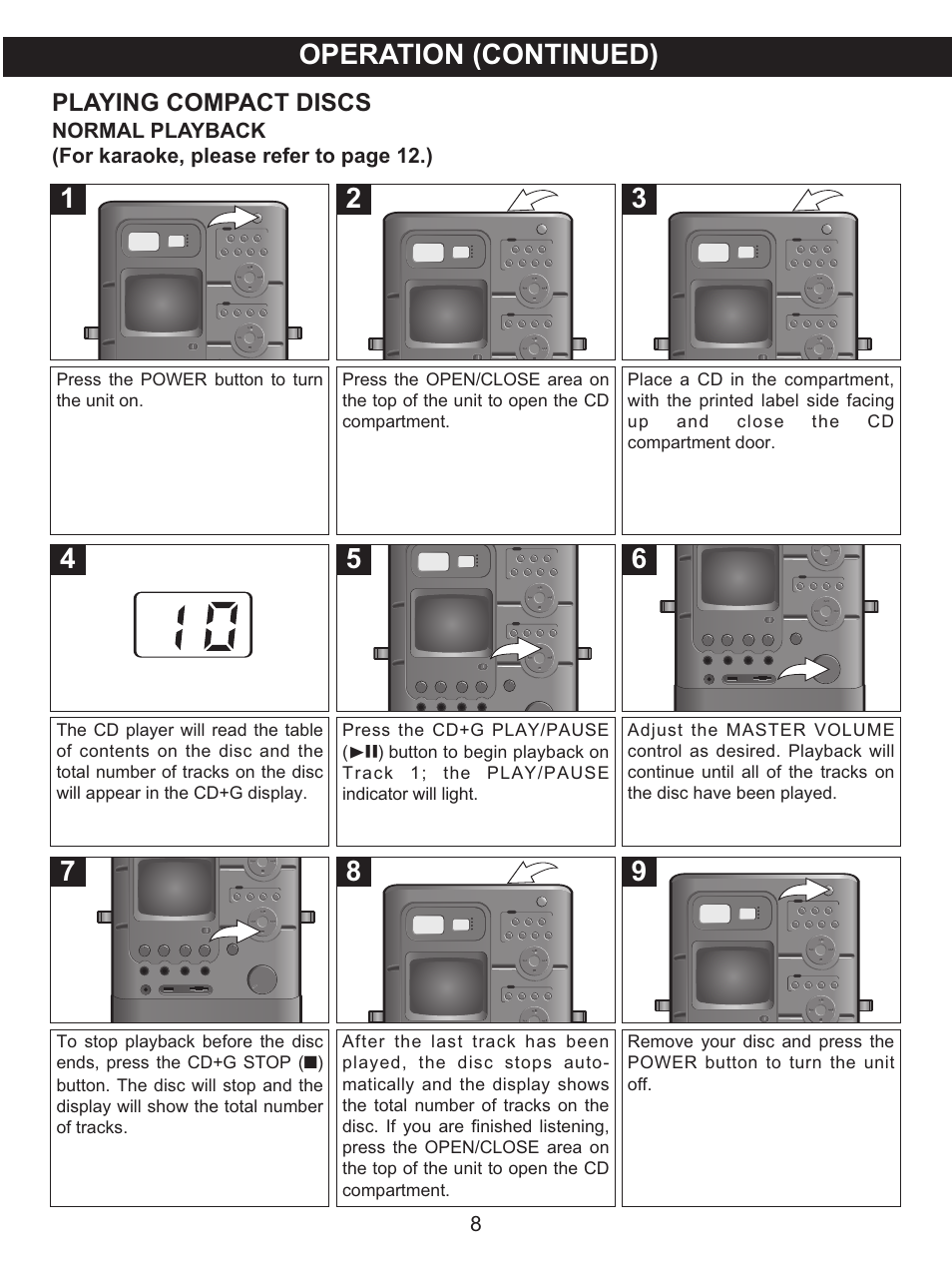 Operation (continued), Playing compact discs | Memorex MKS8591 User Manual | Page 9 / 23