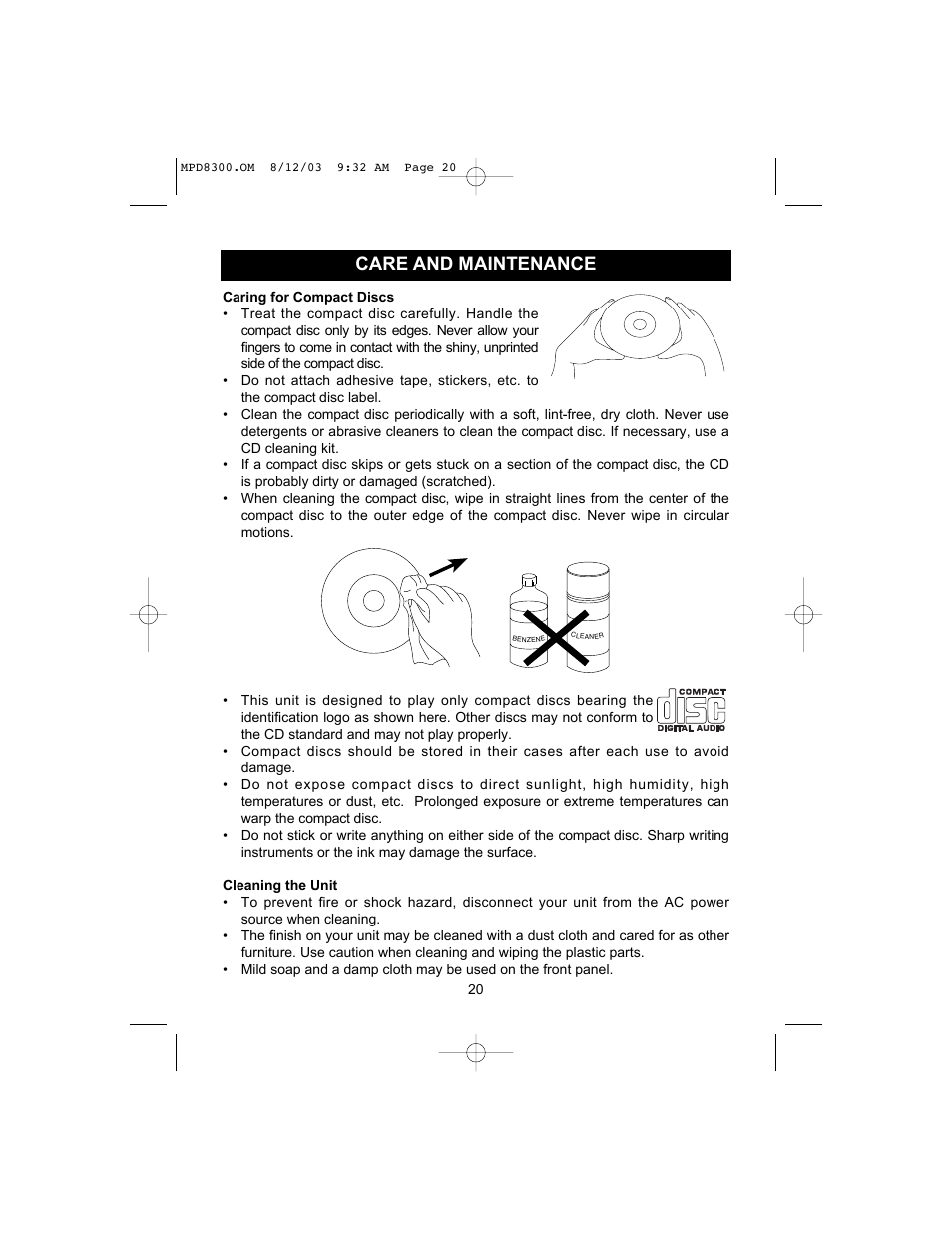 Care and maintenance | Memorex MPD8300 User Manual | Page 21 / 24