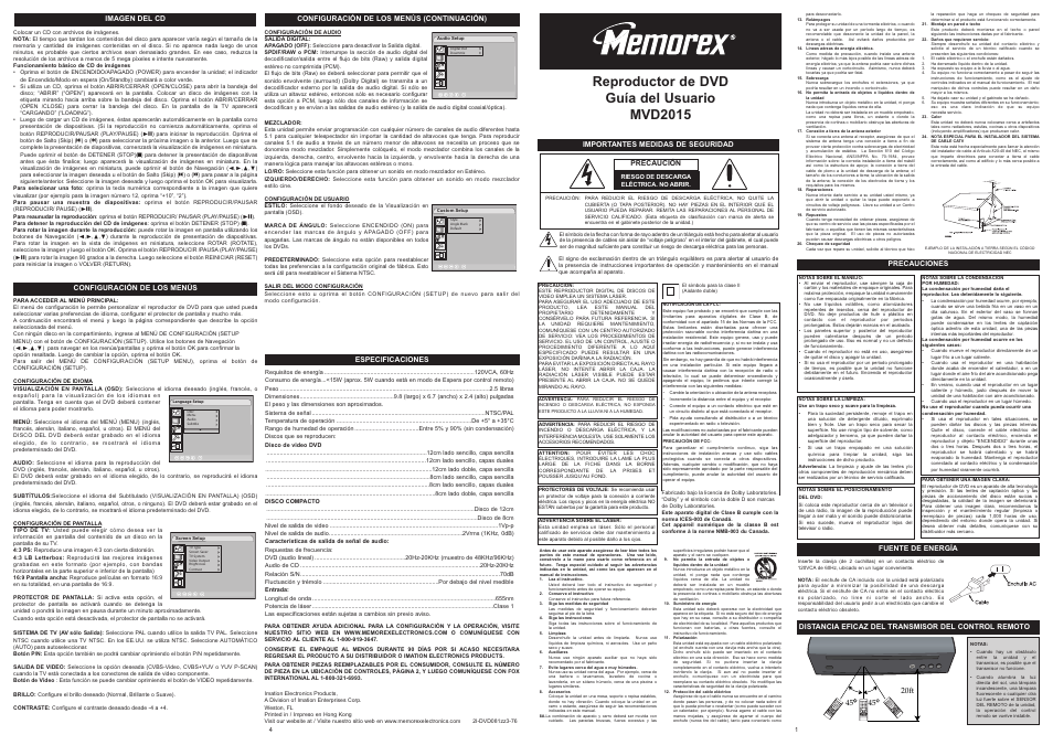 Reproductor de dvd guía del usuario mvd2015 | Memorex MVD2015 User Manual | Page 3 / 4