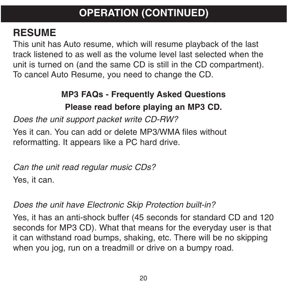 Operation (continued), Resume | Memorex MPD8600 User Manual | Page 21 / 33