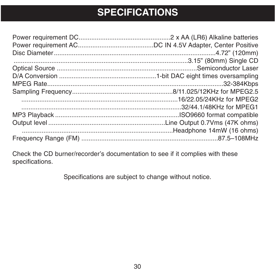 Specifications | Memorex MPD8600 User Manual | Page 31 / 33