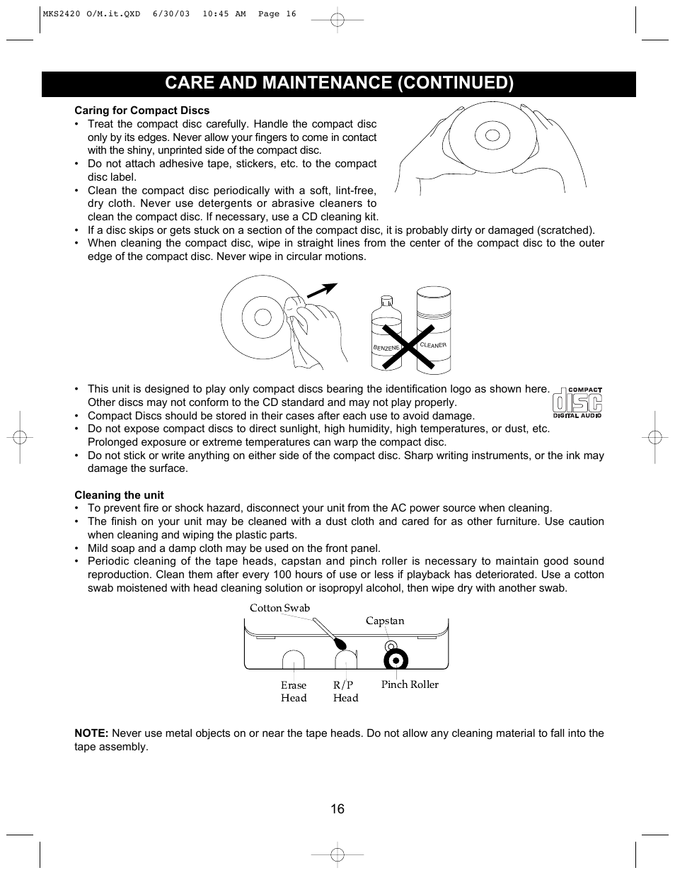 Care and maintenance (continued) | Memorex MKS2420 User Manual | Page 17 / 20
