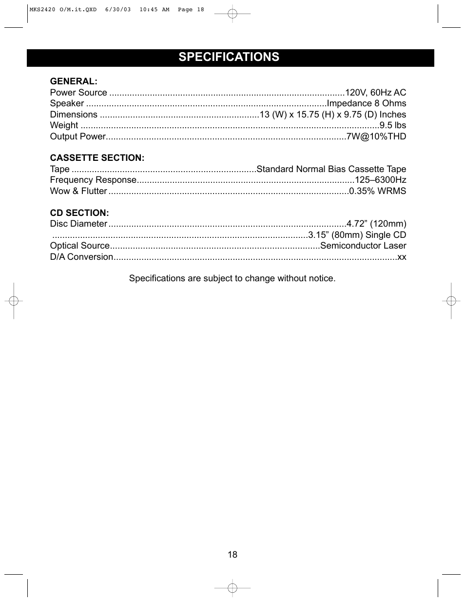 Specifications | Memorex MKS2420 User Manual | Page 19 / 20
