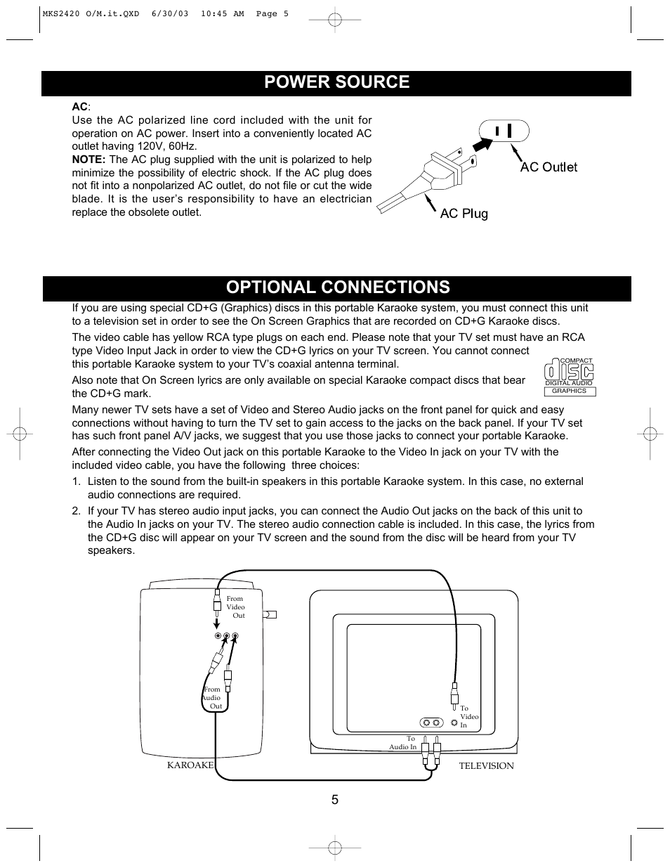 Power source optional connections, Ac plug ac outlet | Memorex MKS2420 User Manual | Page 6 / 20