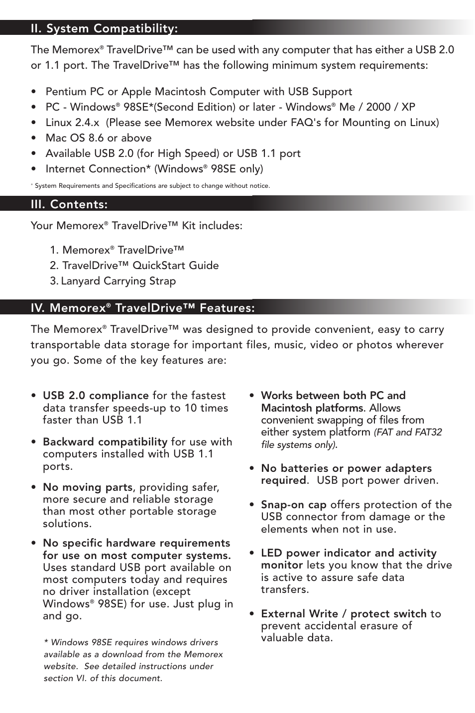 Ii. system compatibility, Iii. contents, Traveldrive™ features | Memorex TravelDrive USB 2.0 User Manual | Page 2 / 15