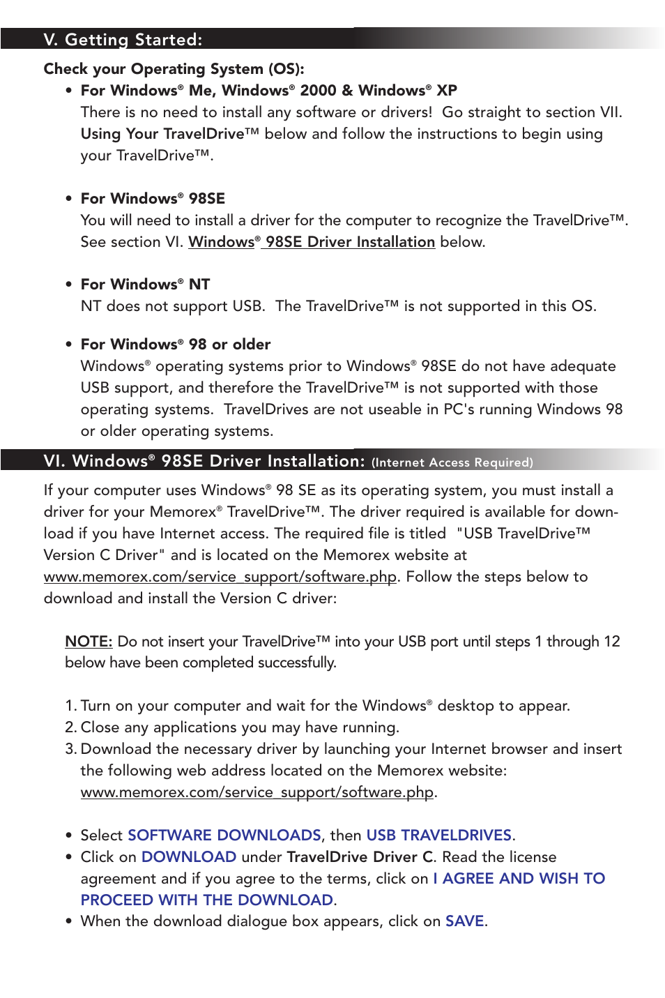 V. getting started, Vi. windows, 98se driver installation | Memorex TravelDrive USB 2.0 User Manual | Page 3 / 15