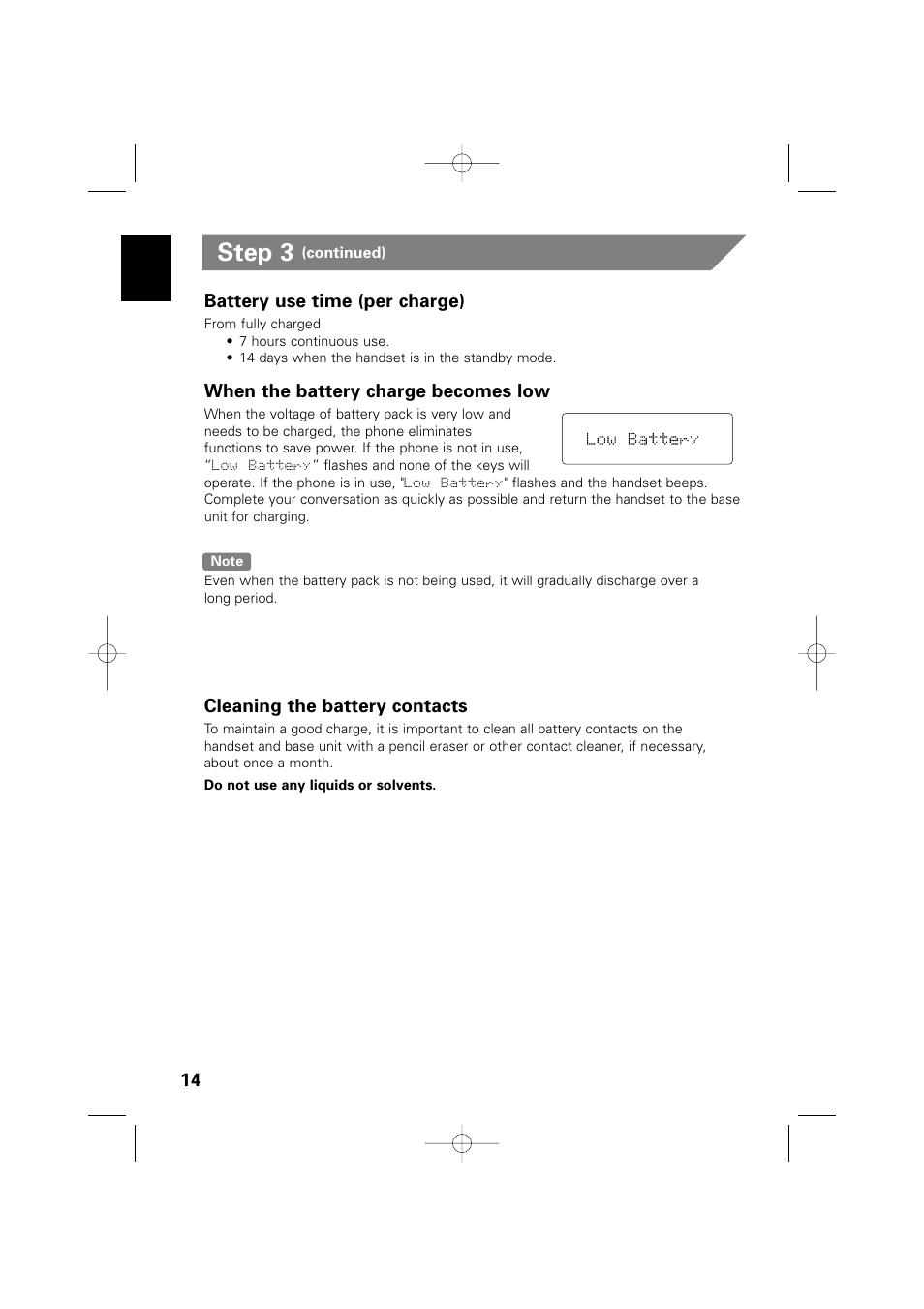 Step 3, Battery use time (per charge), When the battery charge becomes low | Cleaning the battery contacts | Memorex MPH6990 User Manual | Page 15 / 57