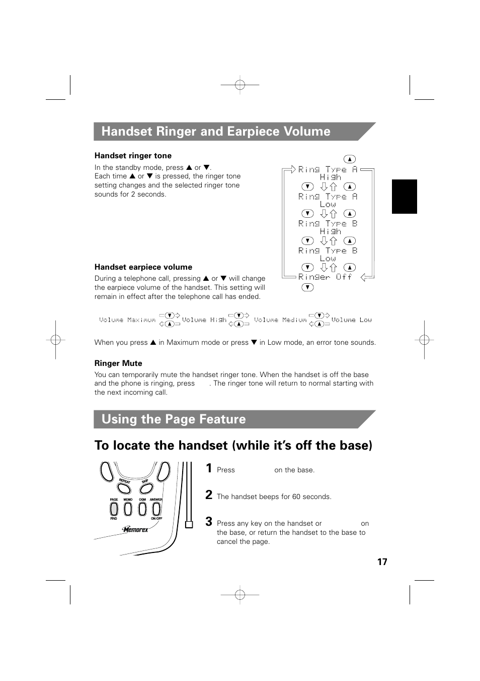 Handset ringer and earpiece volume | Memorex MPH6990 User Manual | Page 18 / 57