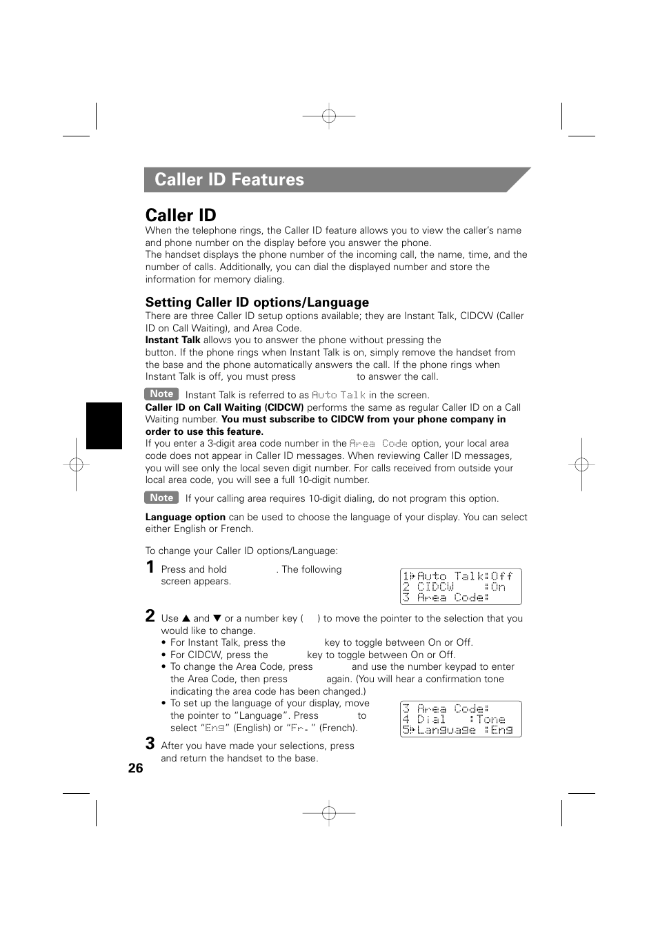 Caller id features caller id, Setting caller id options/language | Memorex MPH6990 User Manual | Page 27 / 57