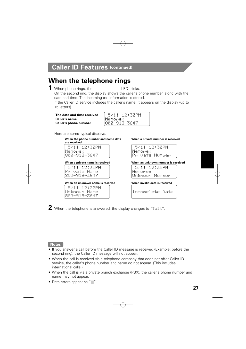 When the telephone rings 1, Caller id features | Memorex MPH6990 User Manual | Page 28 / 57