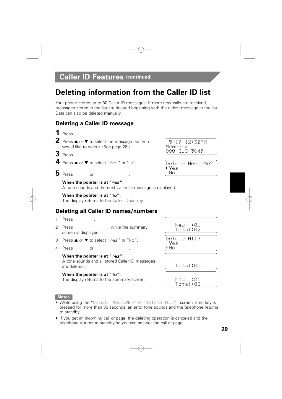 Caller id features, Deleting information from the caller id list, Deleting a caller id message | Deleting all caller id names/numbers | Memorex MPH6990 User Manual | Page 30 / 57