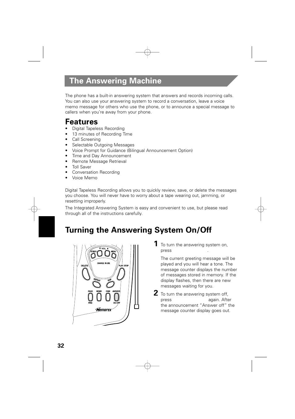 The answering machine, Features, Turning the answering system on/off 1 | Memorex MPH6990 User Manual | Page 33 / 57