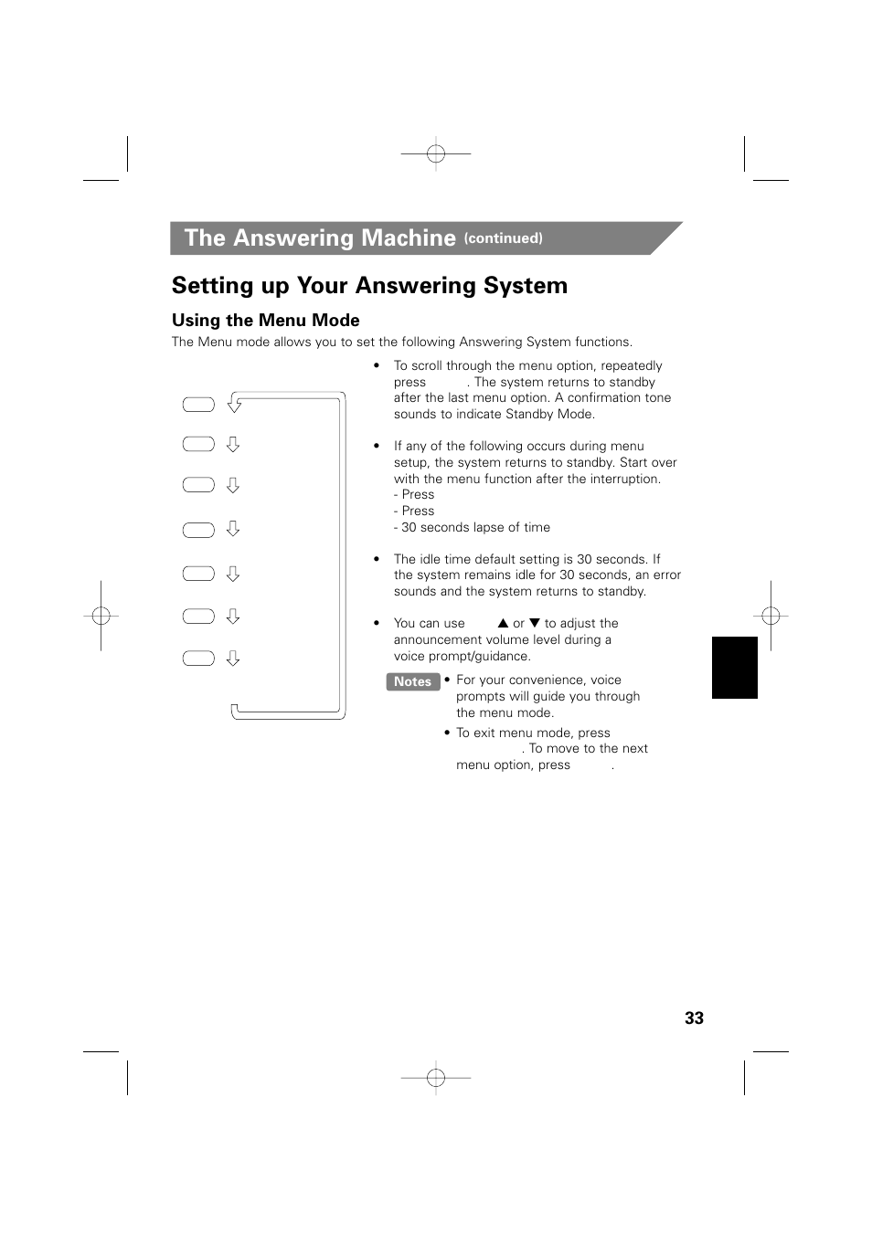 The answering machine, Setting up your answering system, Using the menu mode | Memorex MPH6990 User Manual | Page 34 / 57