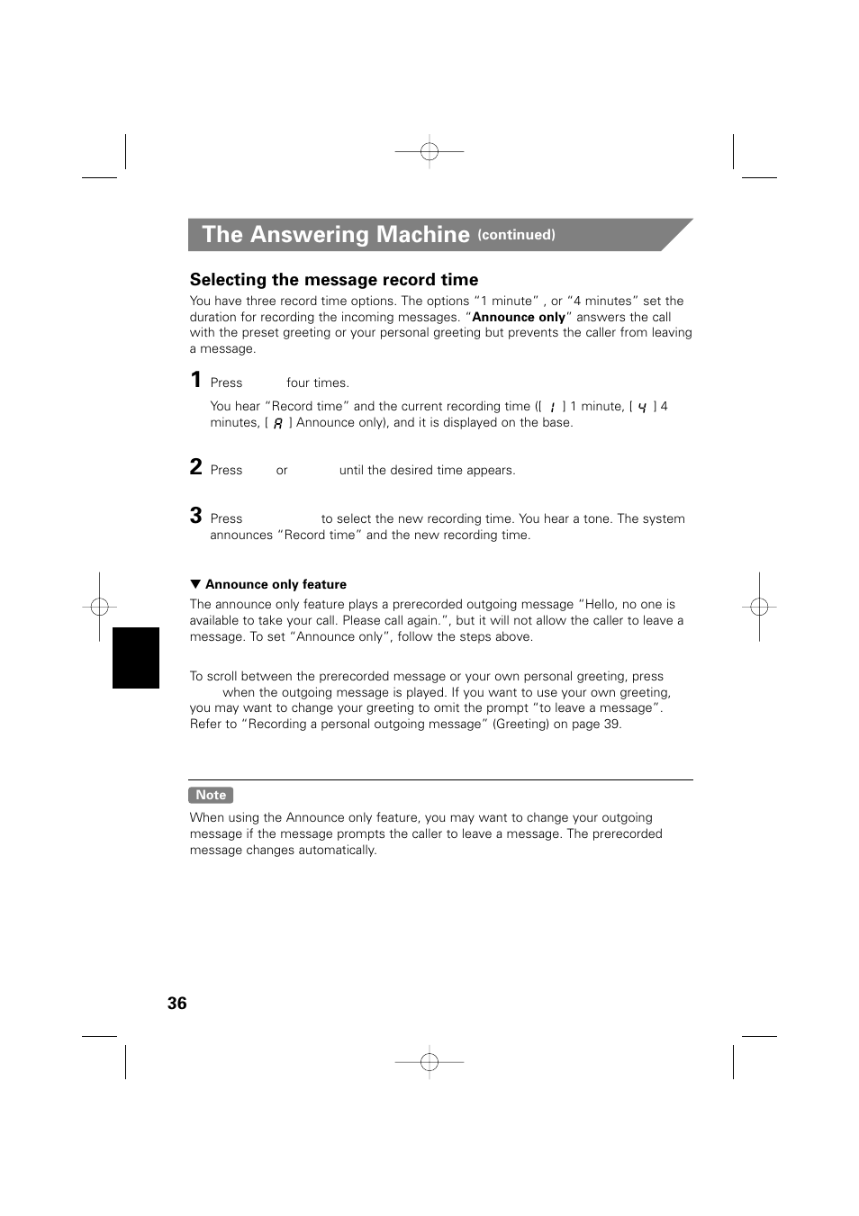 The answering machine, Selecting the message record time | Memorex MPH6990 User Manual | Page 37 / 57