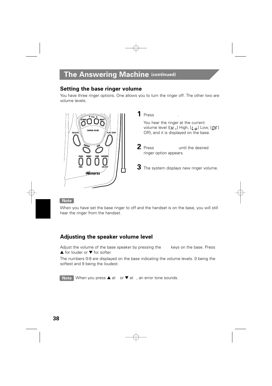 The answering machine, Setting the base ringer volume, Adjusting the speaker volume level | Memorex MPH6990 User Manual | Page 39 / 57