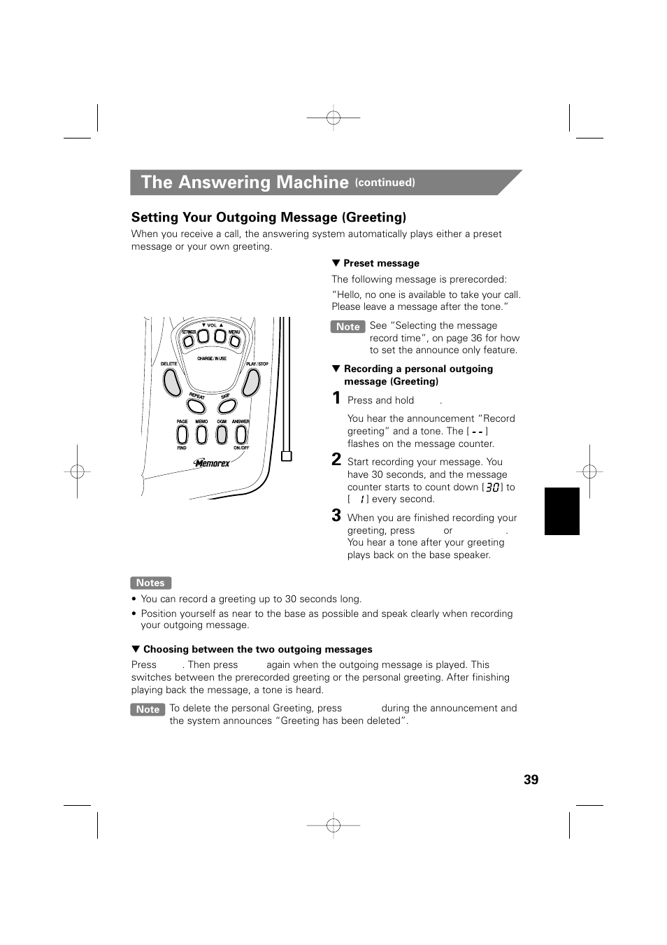 The answering machine, Setting your outgoing message (greeting) | Memorex MPH6990 User Manual | Page 40 / 57