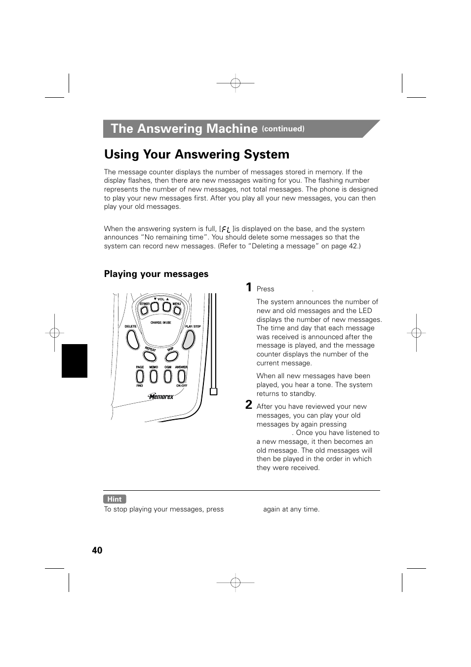 The answering machine, Using your answering system | Memorex MPH6990 User Manual | Page 41 / 57