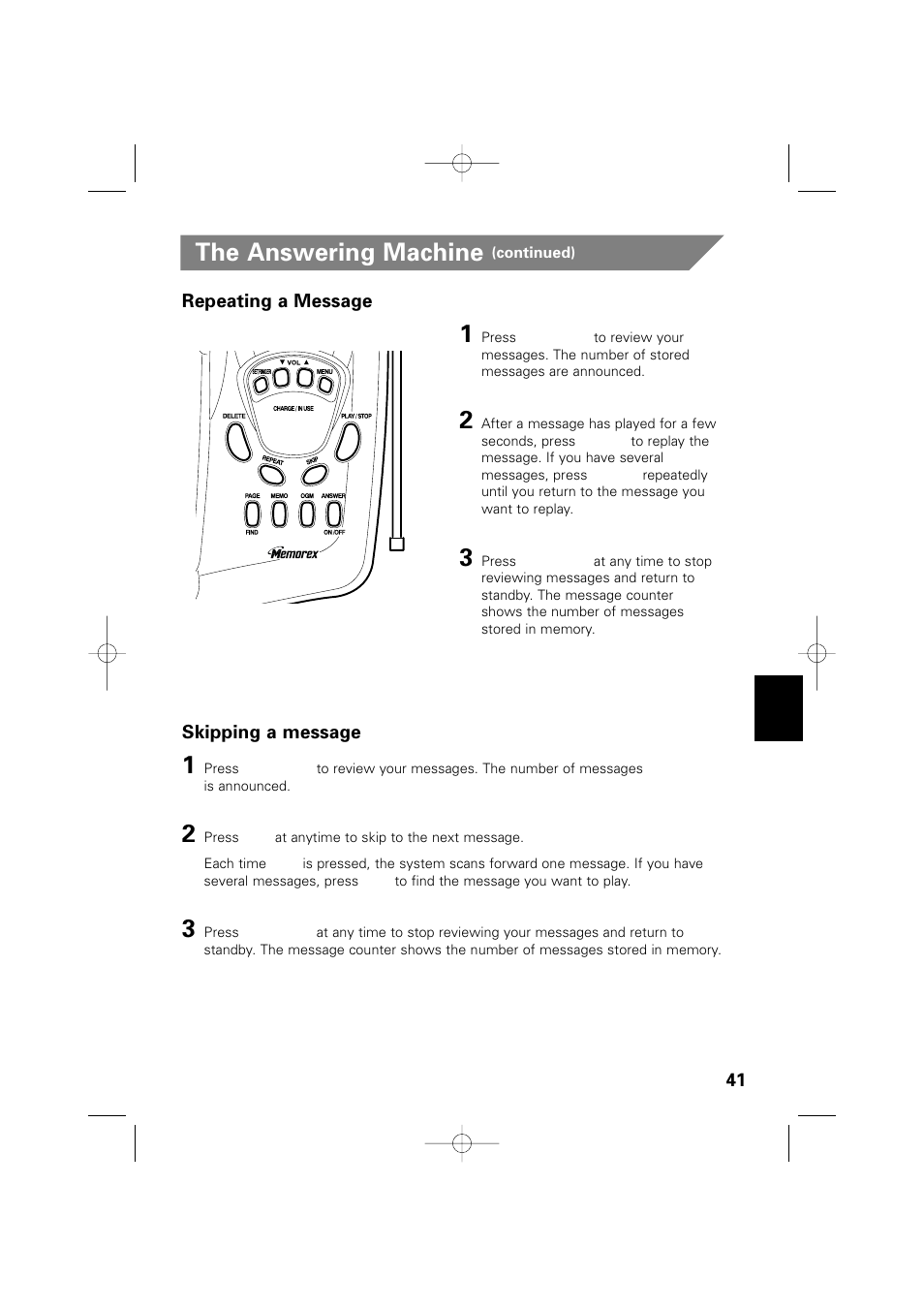 The answering machine, Repeating a message, Skipping a message | Memorex MPH6990 User Manual | Page 42 / 57