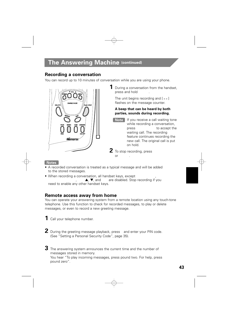 The answering machine, Recording a conversation, Remote access away from home | Memorex MPH6990 User Manual | Page 44 / 57