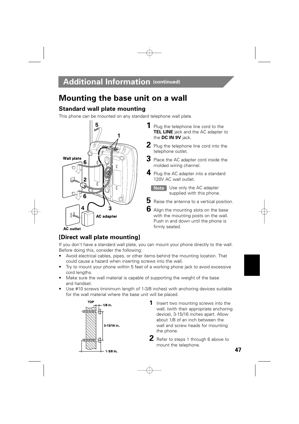 Additional information, Mounting the base unit on a wall | Memorex MPH6990 User Manual | Page 48 / 57