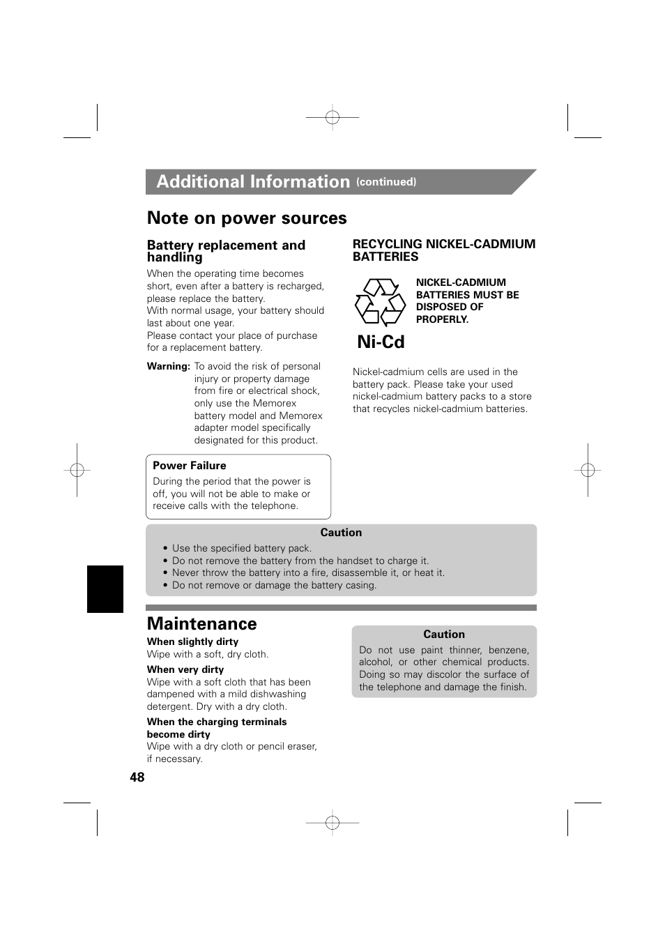 Additional information, Maintenance, Ni-cd | Memorex MPH6990 User Manual | Page 49 / 57