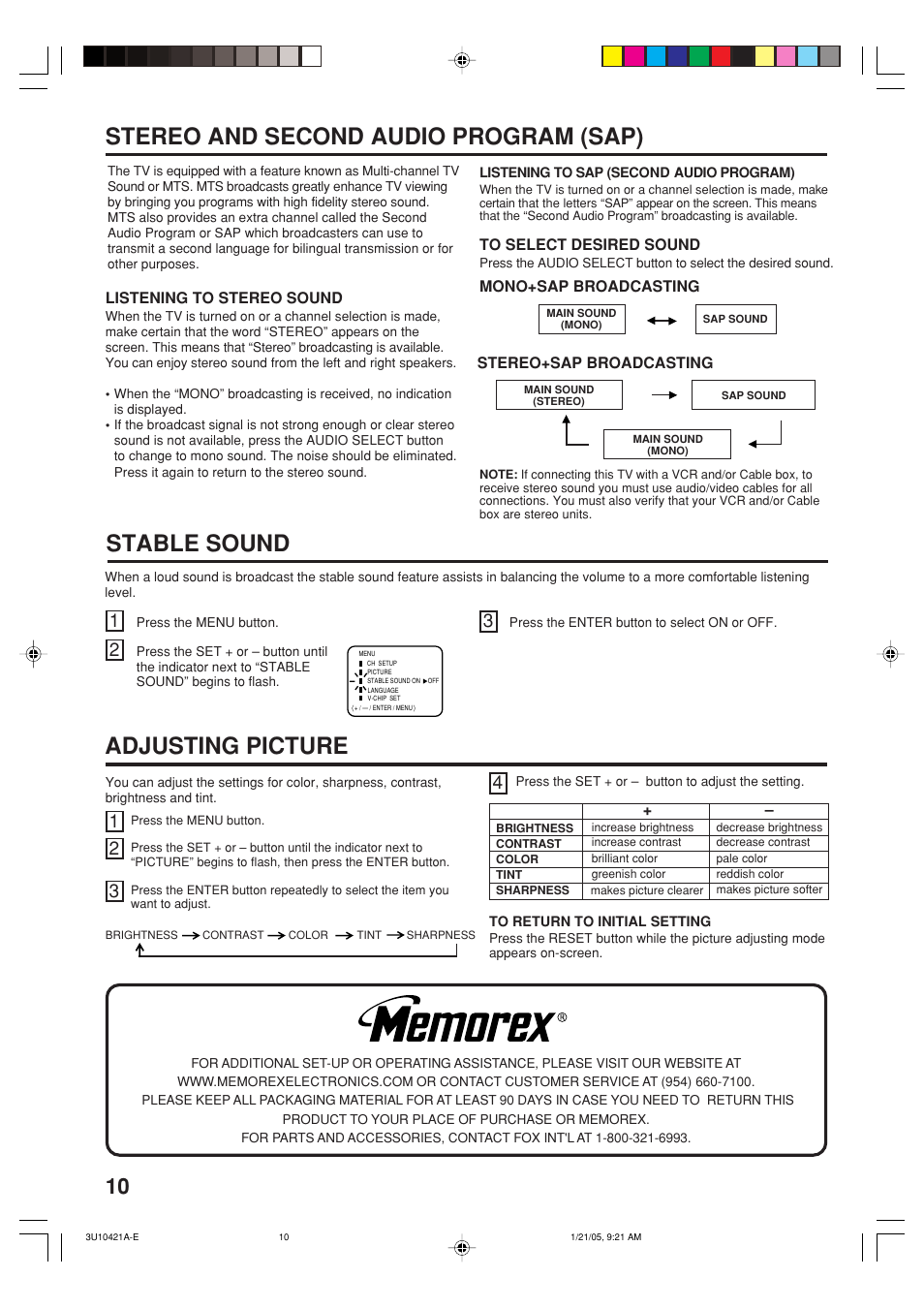 Adjusting picture, Stereo and second audio program (sap), Stable sound | Memorex MT2012 User Manual | Page 10 / 24