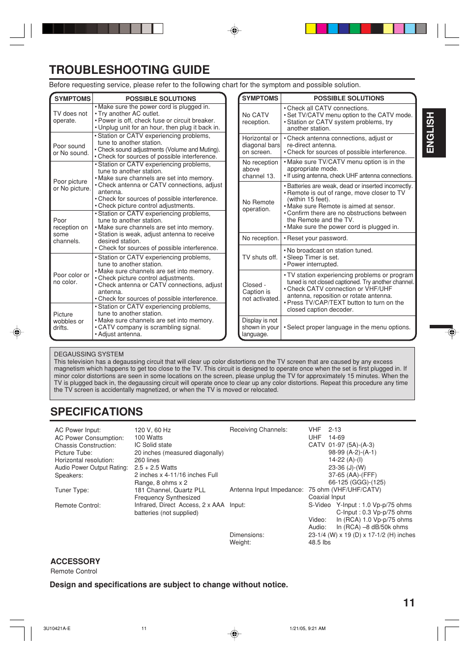 Troubleshooting guide, Specifications, English | Accessory | Memorex MT2012 User Manual | Page 11 / 24