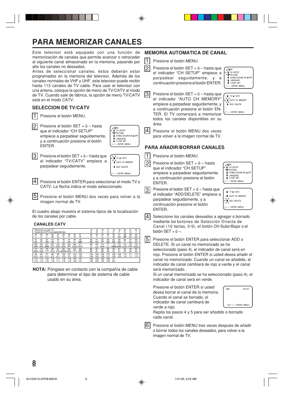 Seleccion de tv/catv, Para añadir/borrar canales | Memorex MT2012 User Manual | Page 20 / 24