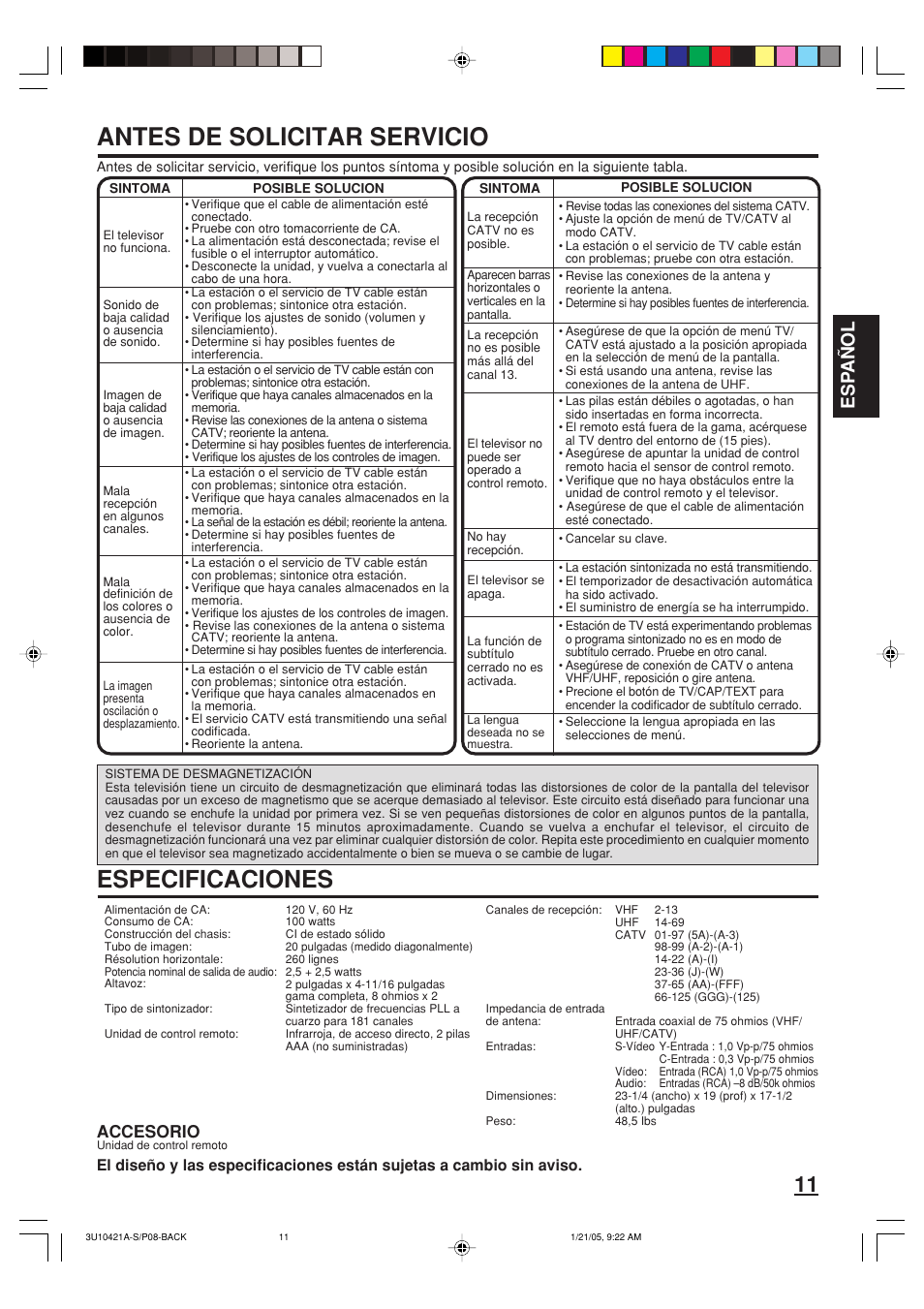 Antes de solicitar servicio, Especificaciones, Esp añol | Accesorio | Memorex MT2012 User Manual | Page 23 / 24