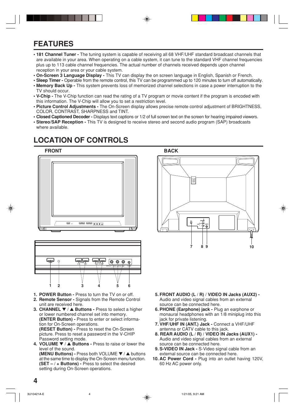 Features location of controls | Memorex MT2012 User Manual | Page 4 / 24