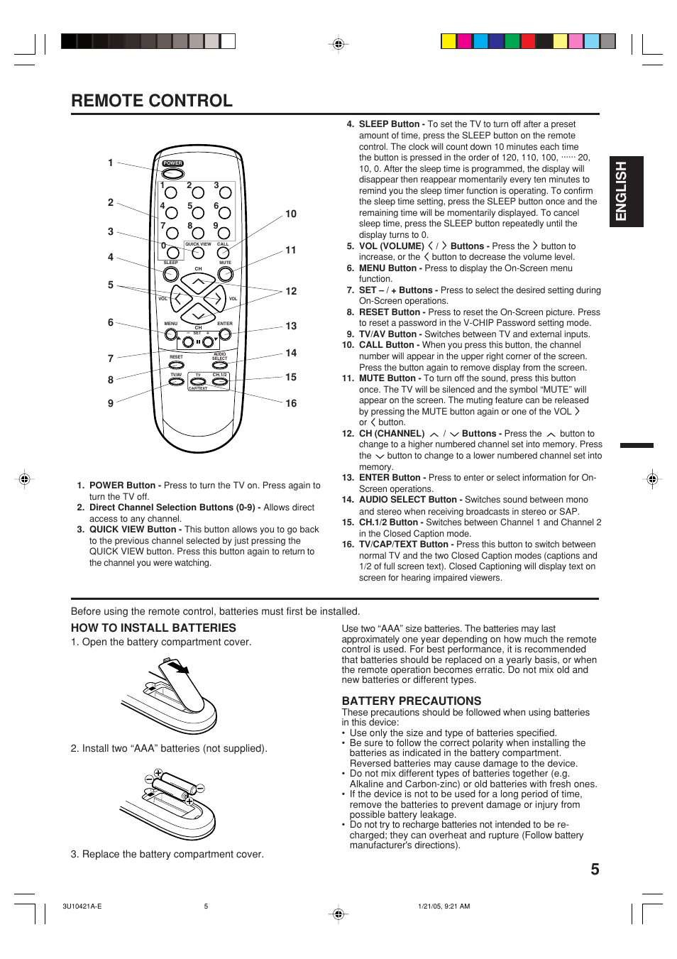 Remote control, English, How to install batteries | Battery precautions | Memorex MT2012 User Manual | Page 5 / 24