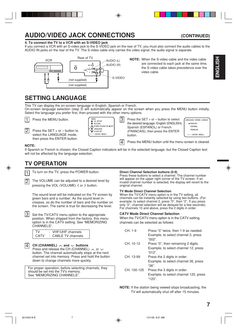 Audio/video jack connections, Setting language, Tv operation | English, Continued) | Memorex MT2012 User Manual | Page 7 / 24