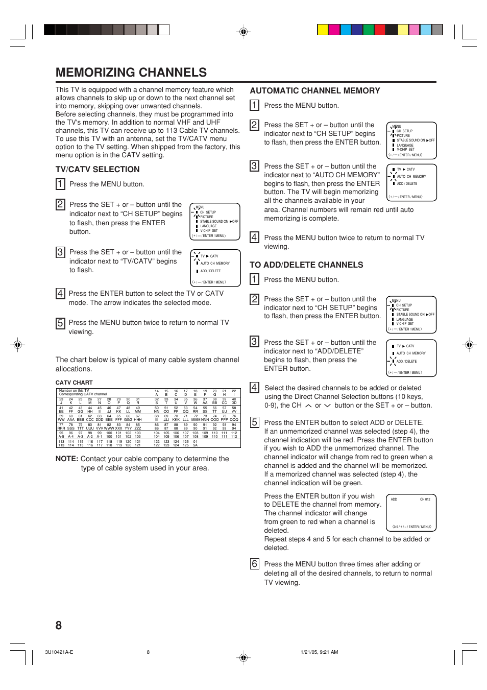 Tv/catv selection, Button or the set + or – button | Memorex MT2012 User Manual | Page 8 / 24