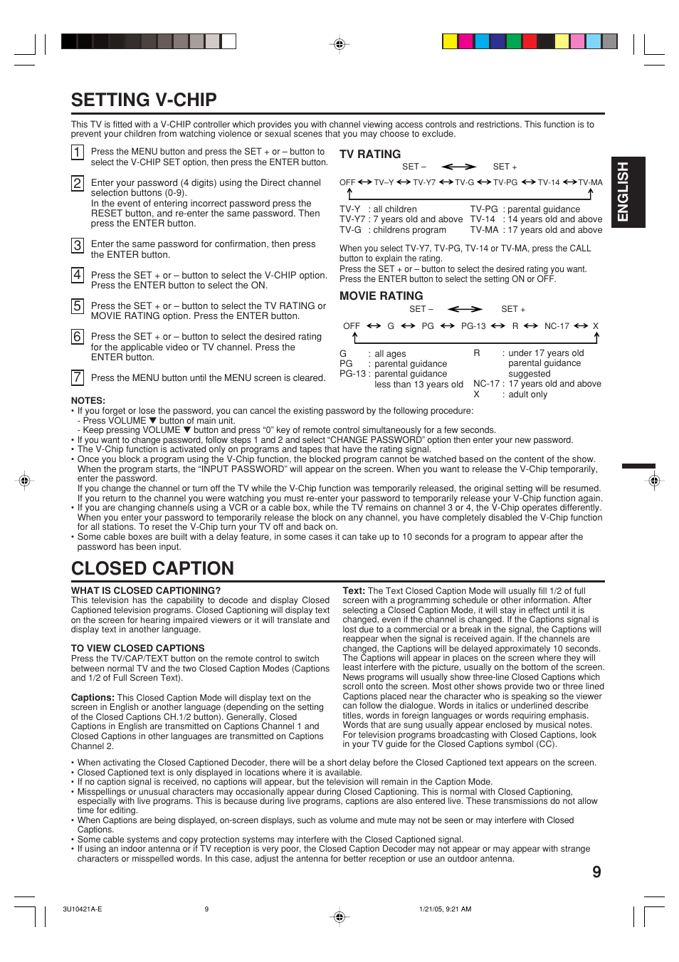 Setting v-chip, Closed caption, English | Memorex MT2012 User Manual | Page 9 / 24