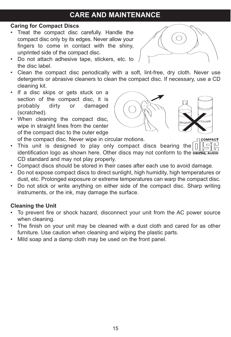 Care and maintenance | Memorex MP3848 User Manual | Page 16 / 36