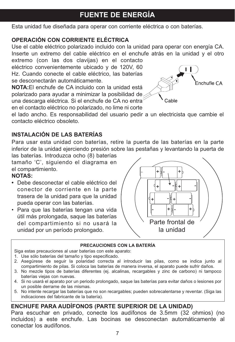 Fuente de energía, Parte frontal de la unidad | Memorex MP3848 User Manual | Page 25 / 36