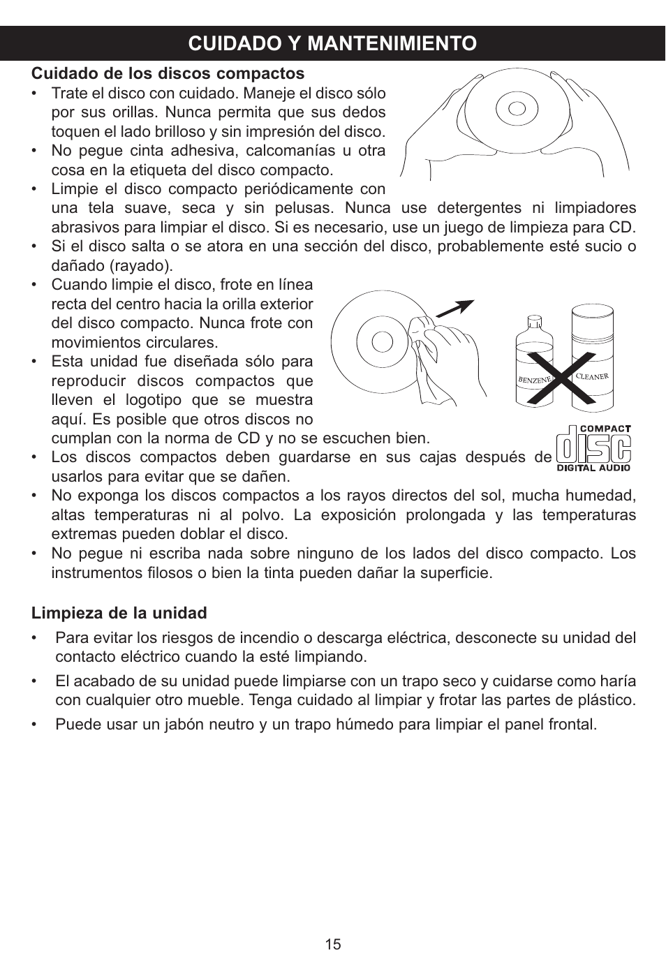 Cuidado y mantenimiento | Memorex MP3848 User Manual | Page 33 / 36