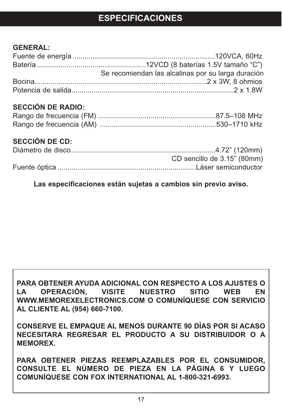 Especificaciones | Memorex MP3848 User Manual | Page 35 / 36