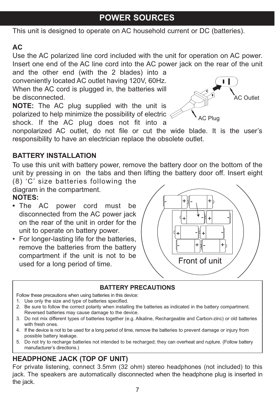 Power sources | Memorex MP3848 User Manual | Page 8 / 36