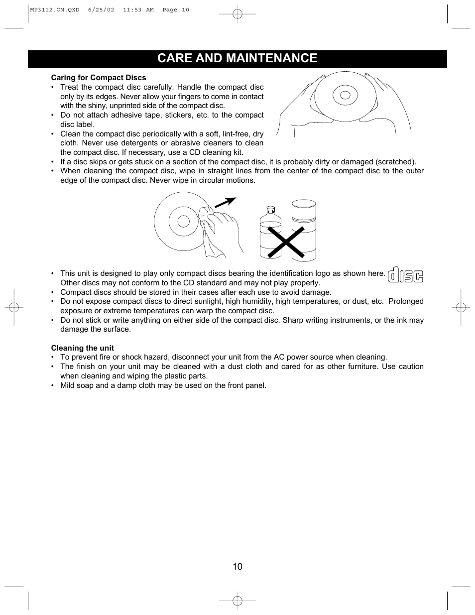 Care and maintenance | Memorex MP3112 User Manual | Page 11 / 14